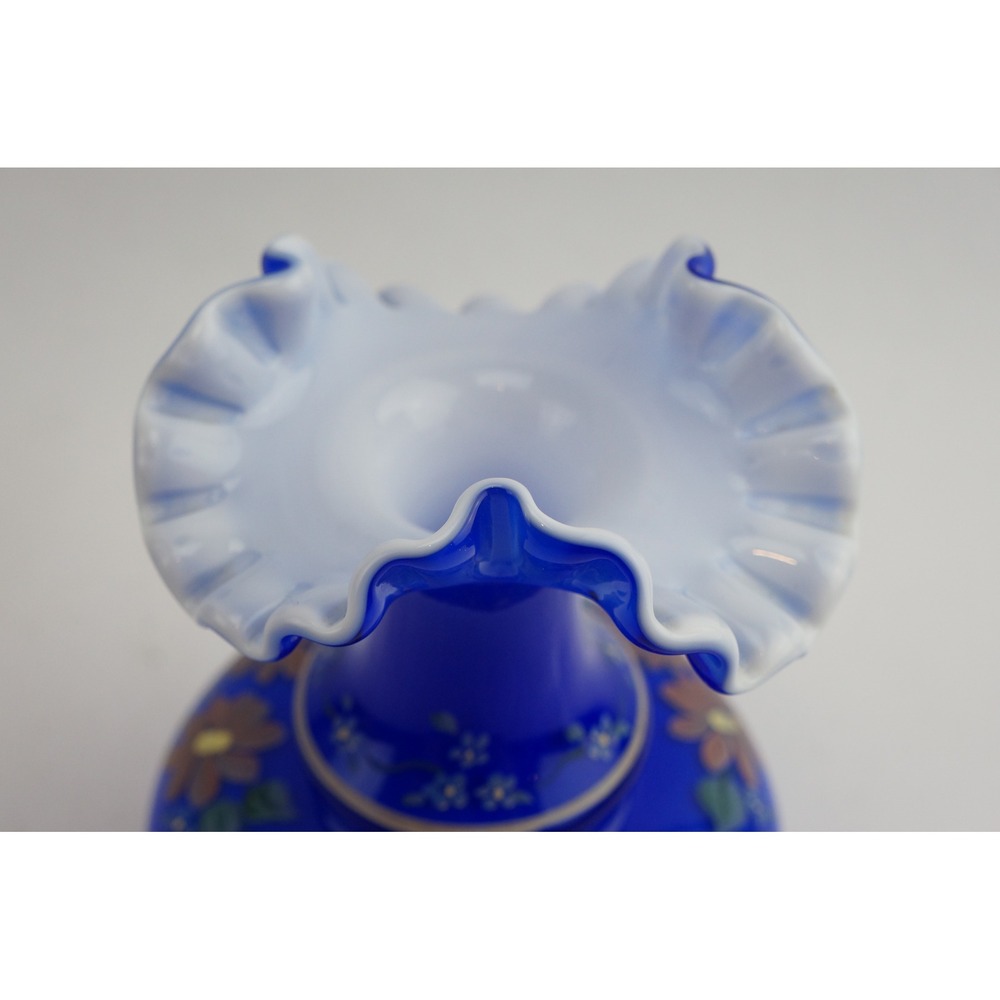 EUC Fenton Glass Vase Cobalt Blue Hand Painted Floral Ruffled Signed 6" - Picture 2 of 6